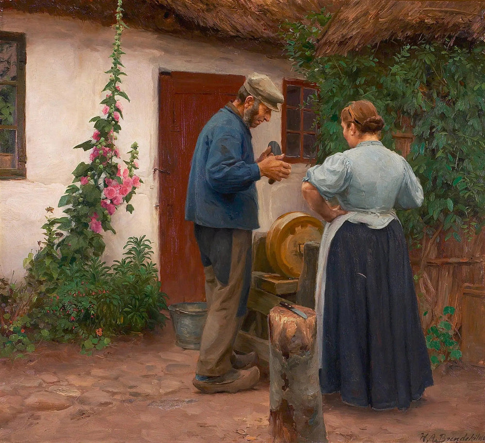 Un homme et une femme devant une pierre à aiguiser. - H. A. Brendekilde - Alpha Reproduction