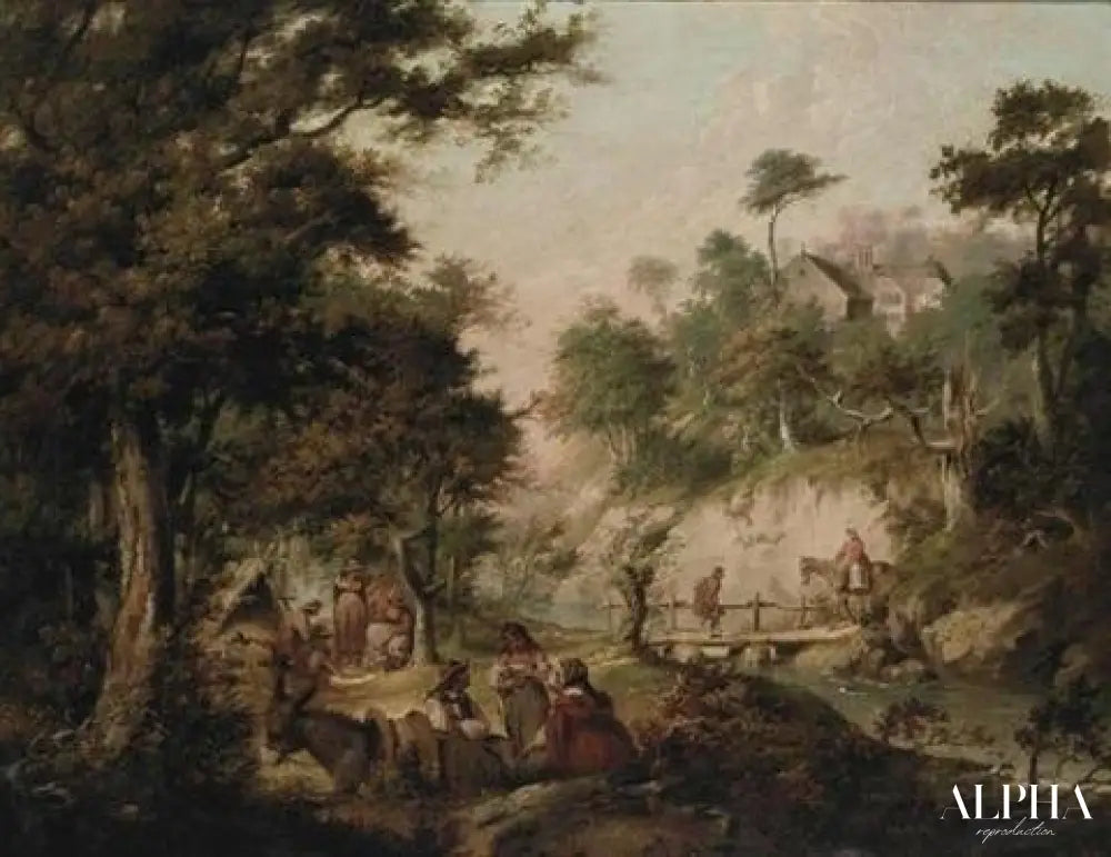 UN PAYSAGE BOISÉ AVEC DES GITANS À L'EXTÉRIEUR D'UNE TENTE, DES PERSONNAGES SUR UN PONT EN BOIS, ET UNE MAISON AU-DELÀ - Nicolas Bernard Lépicié - Reproductions de tableaux et peintures haut de gamme