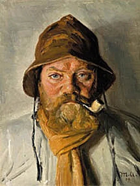 דייג מסקאגן מעשן מקטרת וחובש מעיל. - מייקל פיטר אנכר