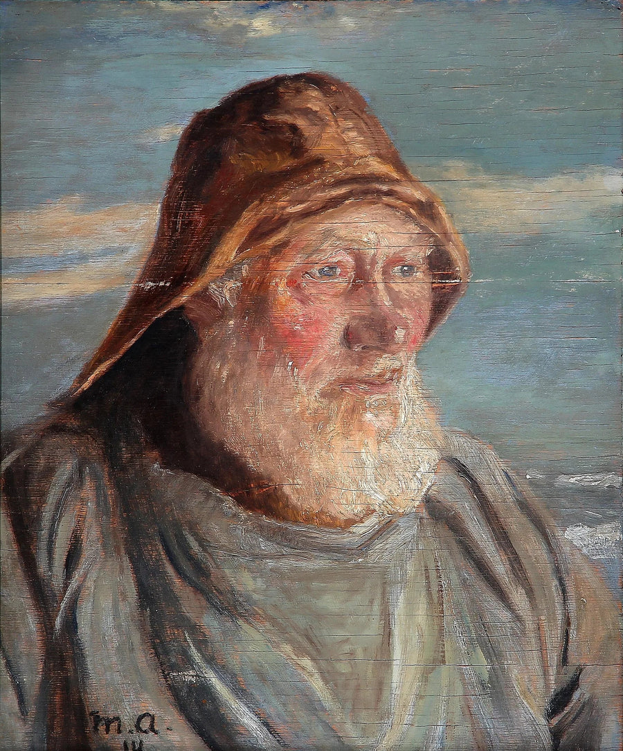 דייג זקן מסקאגן לובש עור שמן. - מייקל פיטר אנשר