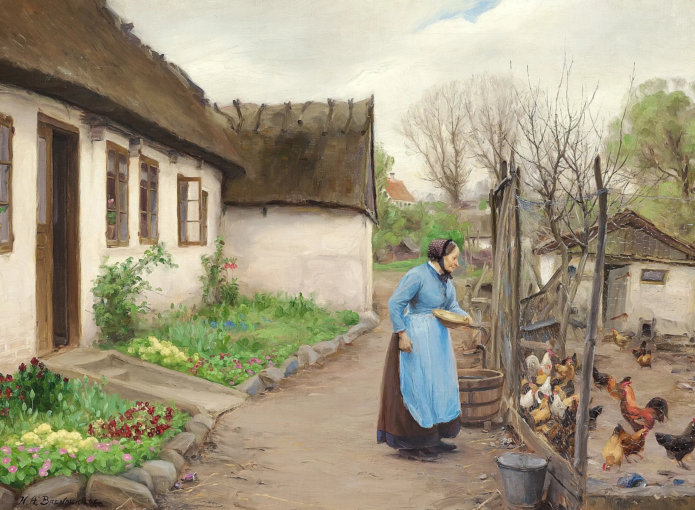 Une femme nourrissant des poules devant une ferme blanche et calcaire un jour d'automne. - H. A. Brendekilde image 1 reproduction d’œuvre d’art à l’huile
