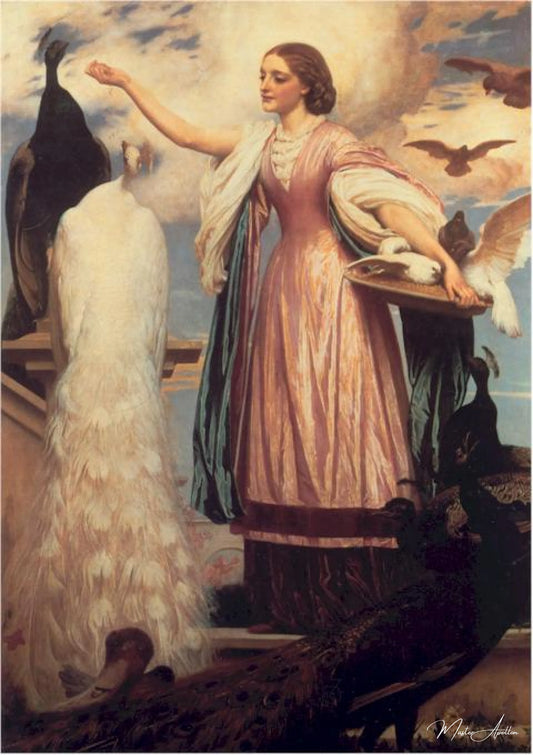 Une fille nourrissant des paons - Frederic Leighton Reproductions de tableaux à la peinture à l’huile