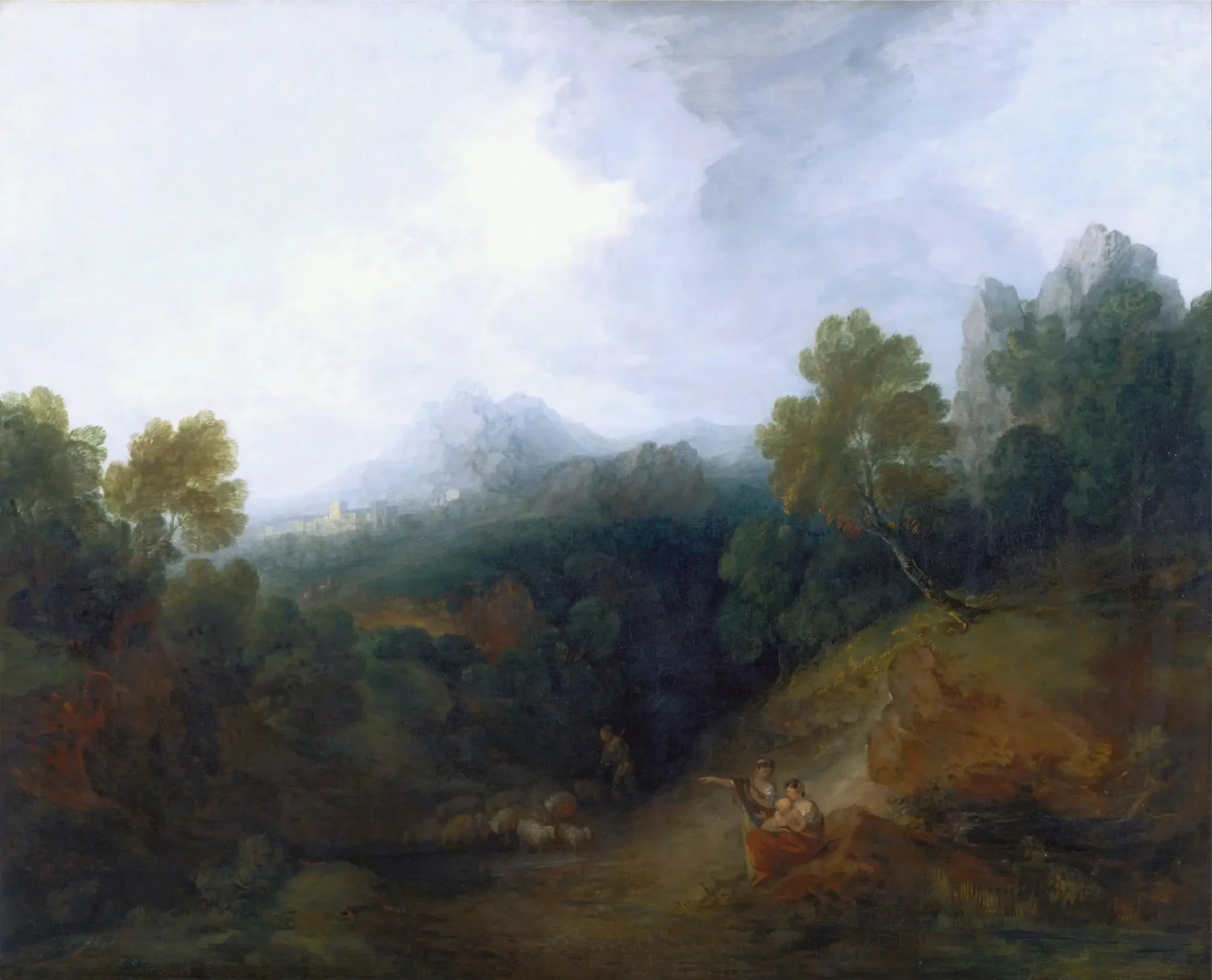 Vallée de montagne avec des personnages et un village lointain - Thomas Gainsborough image 1 copie de tableau peinte à la main