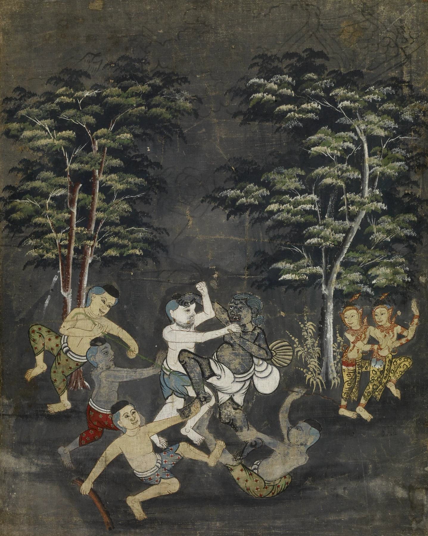 Vessantara Jataka : Jujaka assailli par les villageois, Artiste thaïlandais anonyme, XIXe siècle