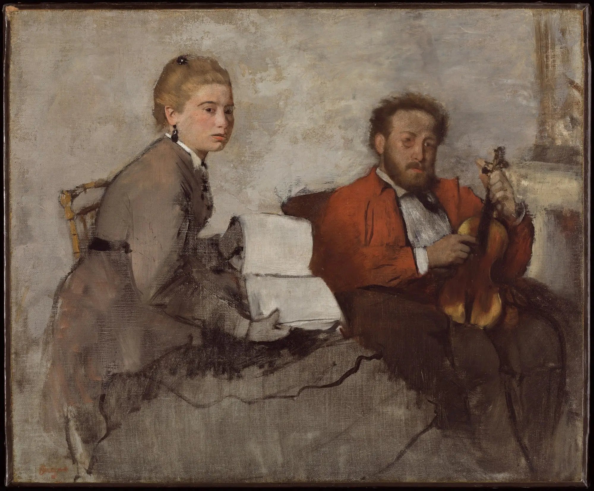 Violoniste et jeune femme tenant un cahier de musique) - Edgar Degas image 1 reproduction de peinture à l’huile