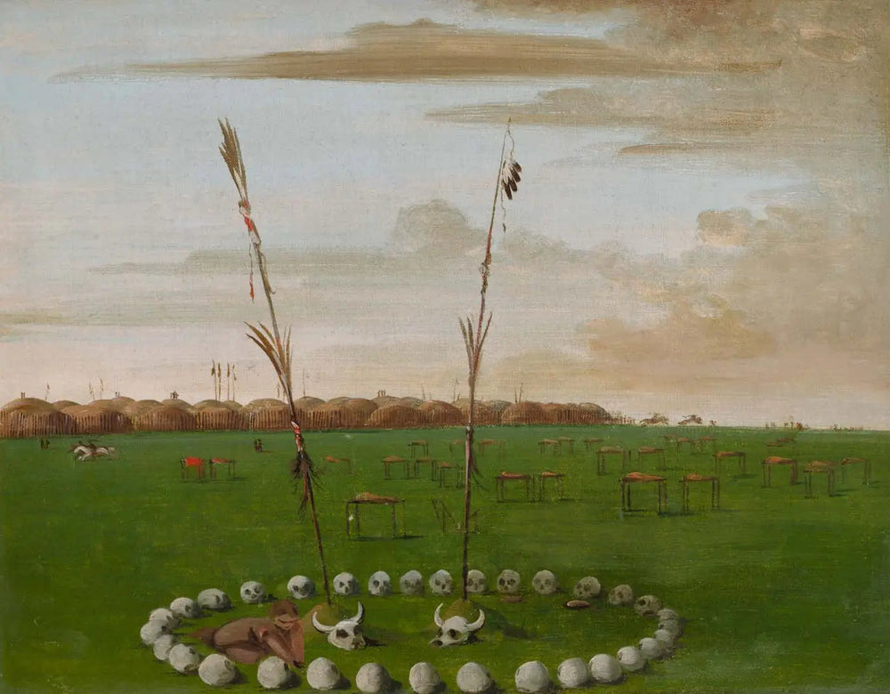 Vue arrière du village de Mandan, montrant le cimetière - George Catlin image 1 copie de tableau peinte à la main