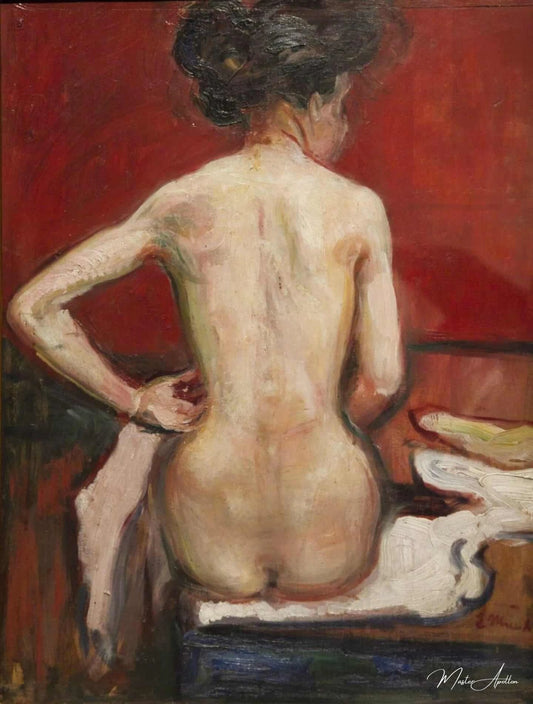 Vue de dos d'un nu féminin assis sur fond rouge - Edvard Munch - Reproductions de tableaux et peintures haut de gamme