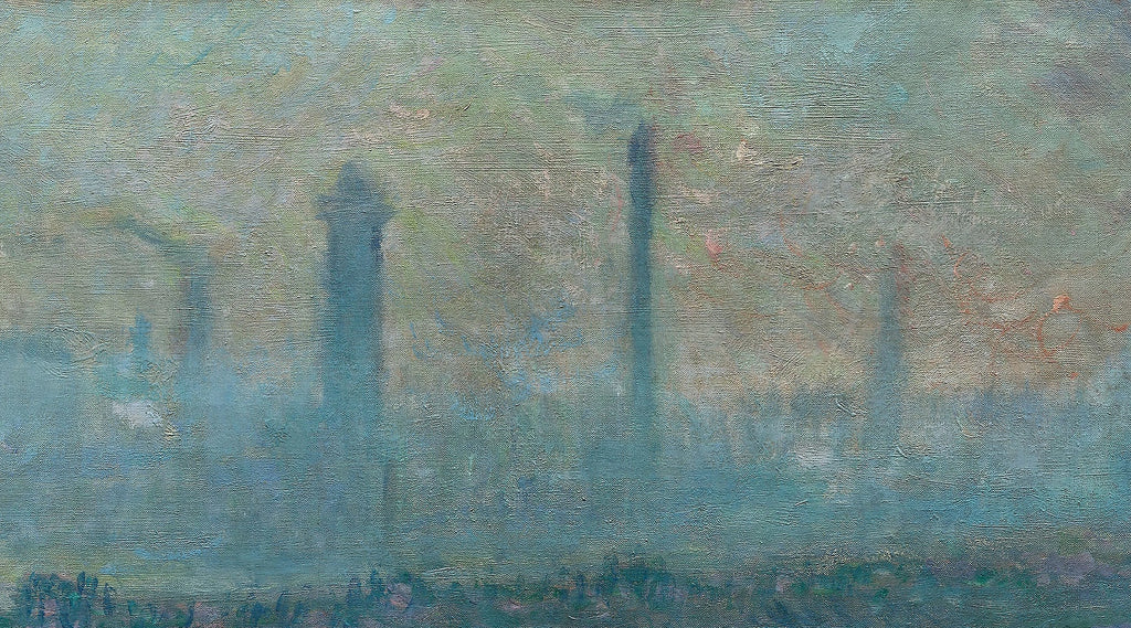 Détail de la rive industrielle et des cheminées dans Waterloo Bridge, temps gris W1557