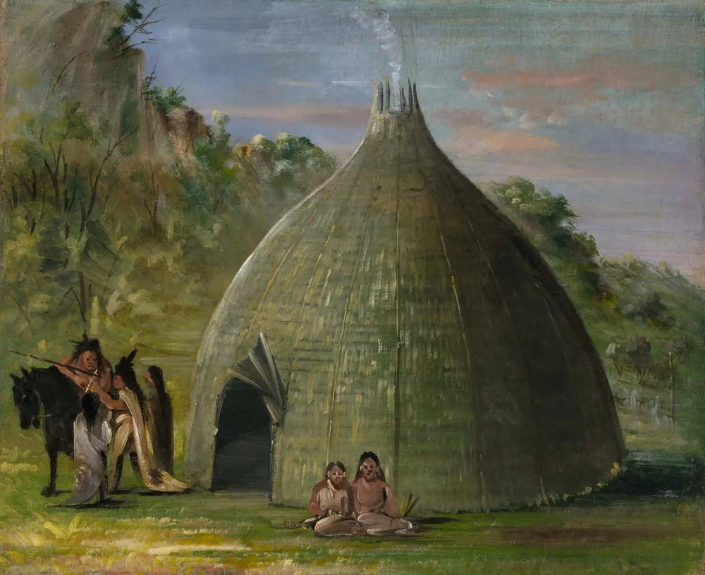 Wichita Lodge, toit de chaume avec herbe des prairies - George Catlin image 1 tableau peint à l’huile sur toile